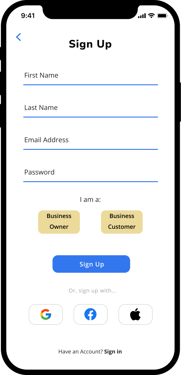 Around Town high-fidelity signup screen